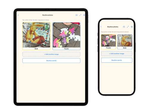 Point2Picture communication board with familiar photo cards on a tablet