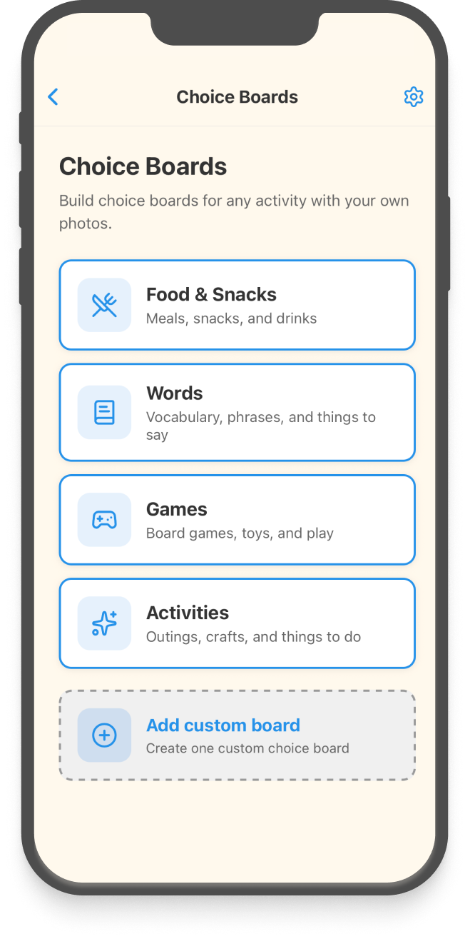 Point2Picture choice boards screen showing Food, Words, Games, and Activities options