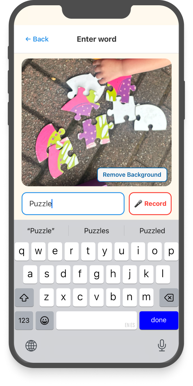 Point2Picture enter word screen with a photo of puzzle pieces and the word Puzzle