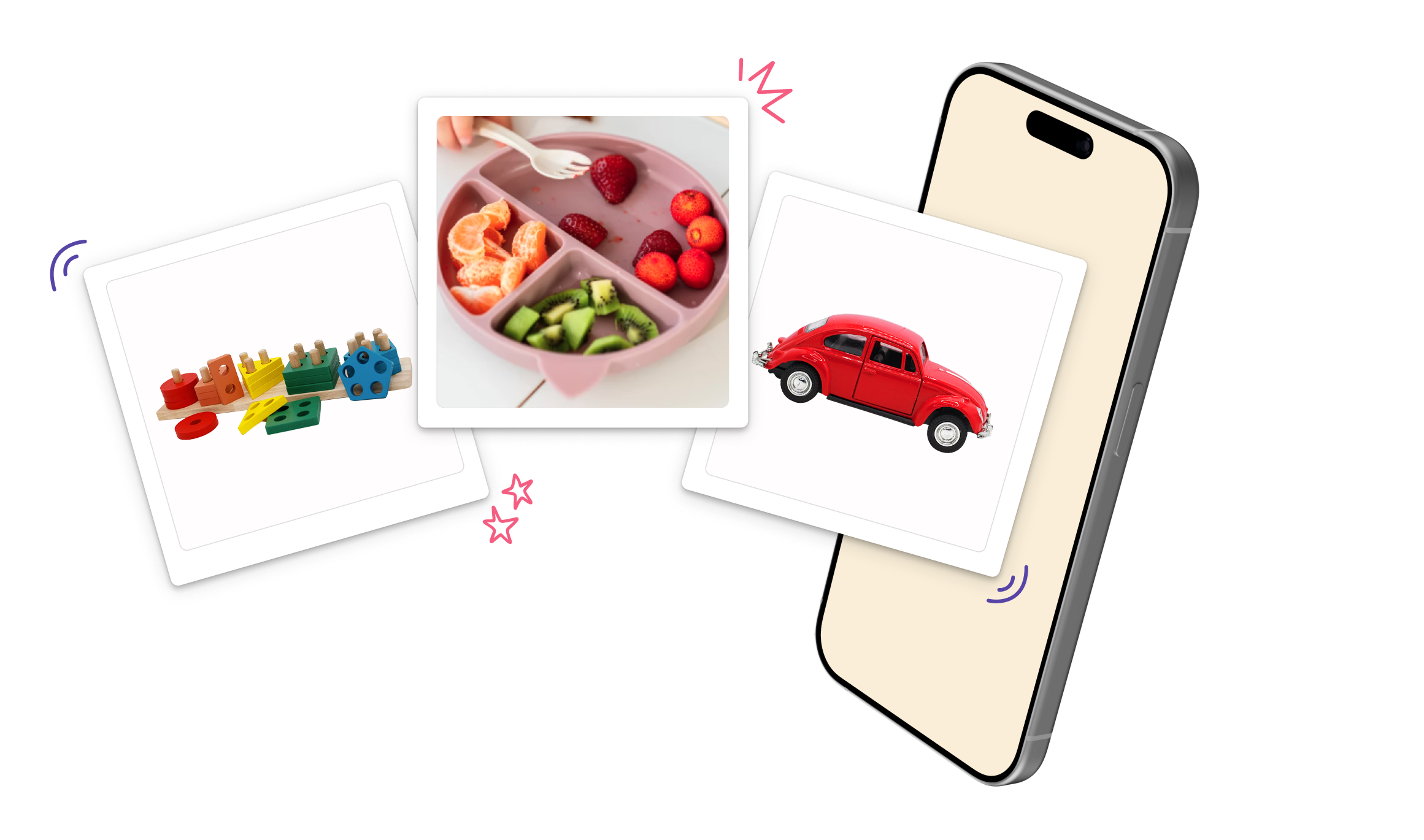 Point2Picture communication board app with photo cards for toys, fruit, and everyday objects on a phone